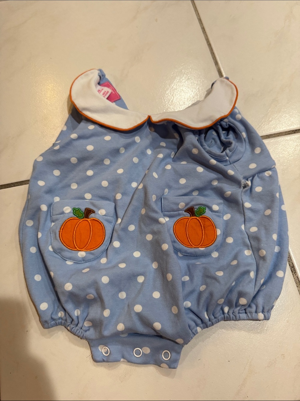Blue Polka Dot Pumpkin Embroidered Baby One-Piece
